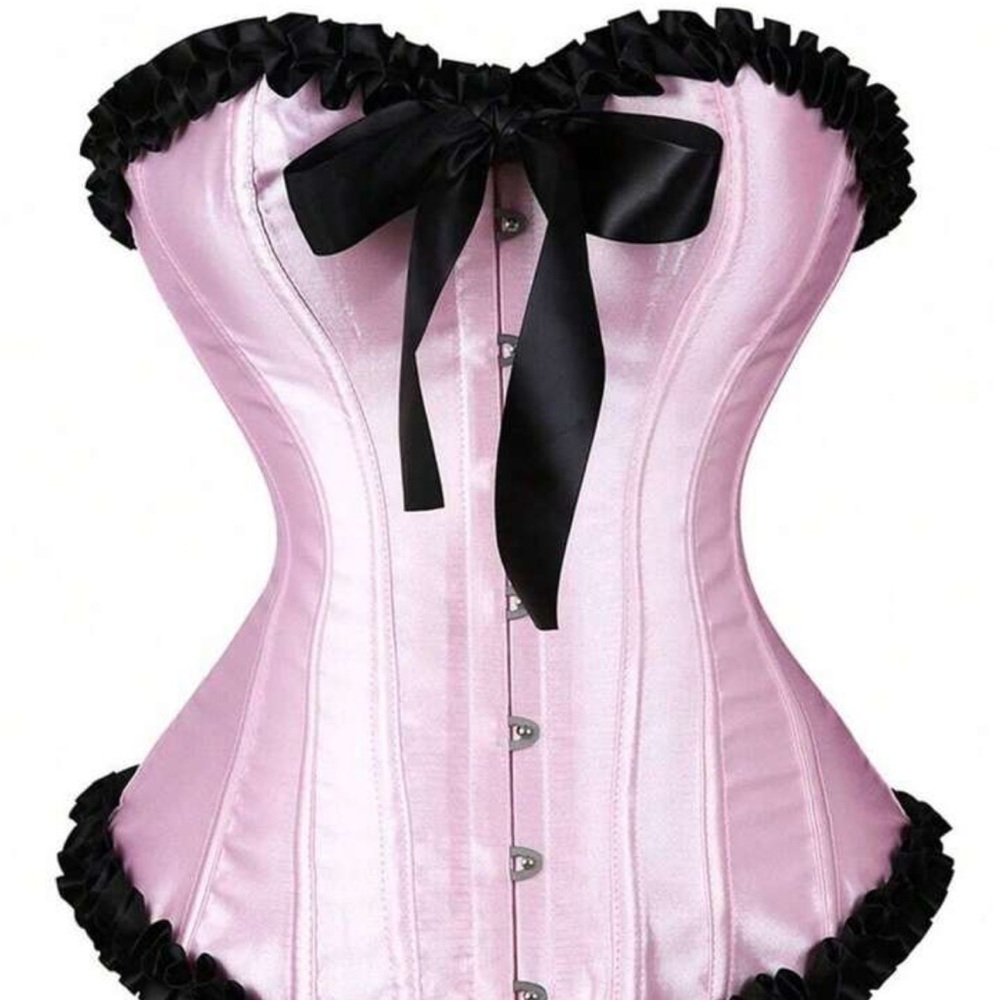 Brand New Women’s Baby Pink Satin Corset with Black Ruffle Trim w/ Bow